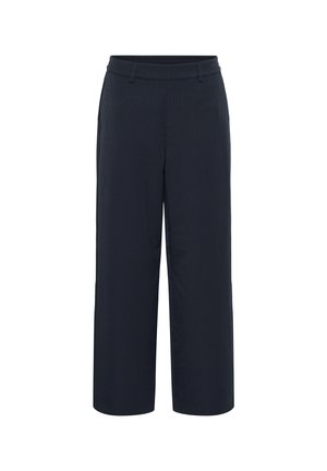 Marineblauwe wijde broek met een rechte snit. Kenmerken zijn een gladde stof, een platte tailleband en zijzakken, wat zorgt voor een ontspannen pasvorm.