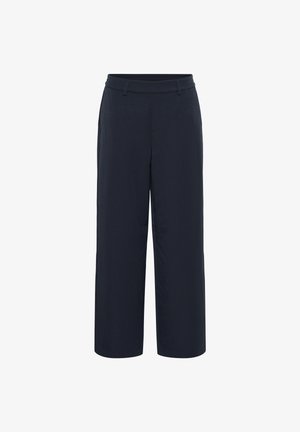 Navy wide-leg trousers with a straight cut. Features a smooth fabric, a flat waistband, and side pockets, offering a relaxed fit.