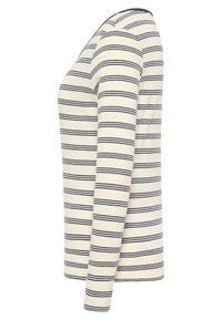 Langärmliges Cremeoberteil mit dunkelblauen horizontalen Streifen, aus weichem Baumwollmaterial, runder Ausschnitt und taillierte Silhouette.