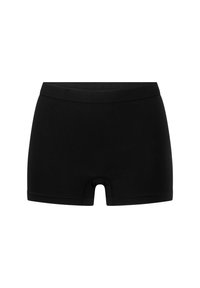 Schwarze Boxer aus weichem, elastischem Material mit elastischem Bund und Ausschnittdetails, versehen mit nahtlosen Kanten für zusätzlichen Komfort.