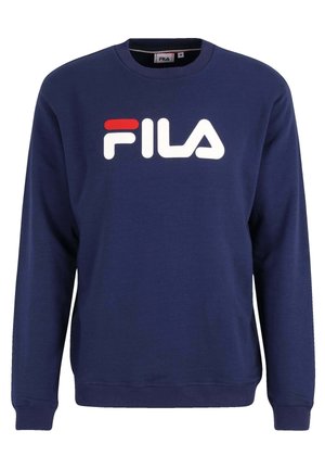Sweat-shirt bleu marine à manches longues avec poignets et ourlet côtelés, avec un grand logo FILA blanc et rouge sur la poitrine.