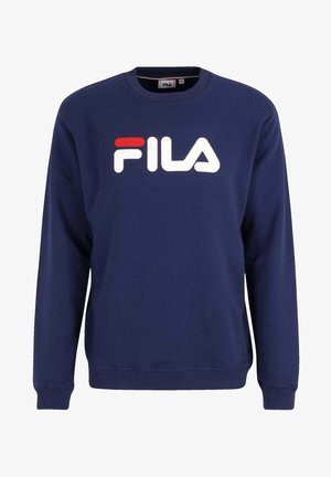 Sweat-shirt bleu marine à manches longues avec poignets et ourlet côtelés, avec un grand logo FILA blanc et rouge sur la poitrine.
