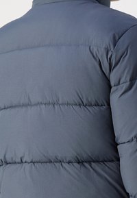 Detailní záběr na záda a paži osoby, která má na sobě prošívanou, polstrovanou zimní bundu v modro-�šedé barvě.