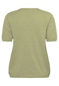 Kortärmad, ljusgrön tröja med en texturerad design av små upphöjda prickar, rundad halsringning och ribbad nederkant. Mjuk, stickad material.