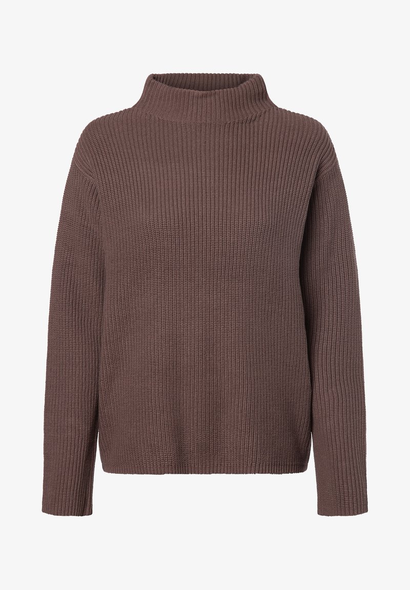 Maglione marrone lavorato a maglia con collo alto, texture a coste e maniche lunghe. Vestibilità ampia con fondo dritto. Senza motivi o accenti visibili.