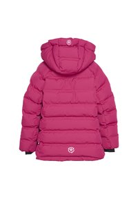 Fuchsia puffer jacket with a hood, featuring quilted sections and a logo at the lower back. Smooth, glossy texture.
