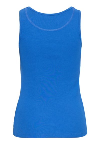 Blue sleeveless tank top made of ribbed fabric. Features a rounded neckline and a fitted shape with clean, even stitching along the edges.