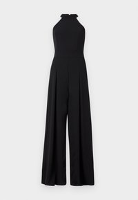 Zwarte mouwloze halter-jumpsuit met wide legs en een aansluitende taille, gepresenteerd tegen een witte achtergrond.