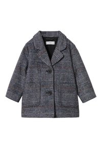 Manteau à carreaux gris et marine avec un col cranté, deux poches avant et des boutons noirs. Fabriqué à partir d'un tissu texturé. Manches longues.