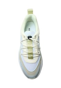 White and beige sneaker with a mesh upper, textured accents, elastic lacing system, and a padded tongue. Features a pull tab at the heel.