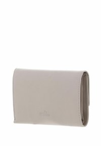 Portefeuille beige clair avec blocage RFID, texture en cuir lisse, design rectangulaire et coutures discrètes. Présente un logo en relief sur le devant.