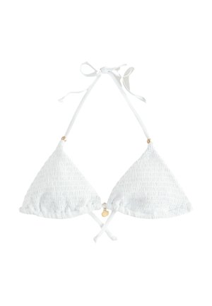Top bikini bianco a triangolo con tessuto testurizzato, lacci regolabili e piccolo dettaglio a conchiglia dorata. Presenta bordi arricciati e design leggero.