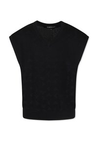 Zwarte gebreide top met een V-hals en korte mouwen, met een gestructureerd patroon, geribbelde zoom en een gladde stofafwerking.