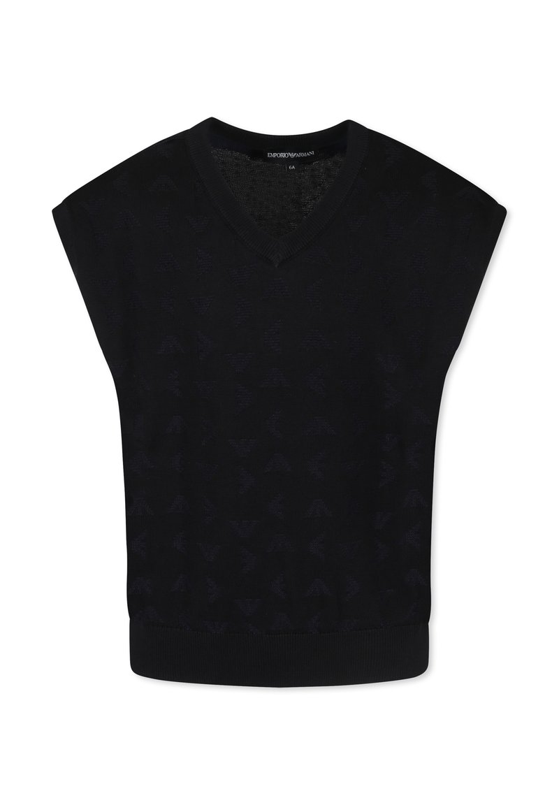 Zwarte gebreide top met een V-hals en korte mouwen, met een gestructureerd patroon, geribbelde zoom en een gladde stofafwerking.