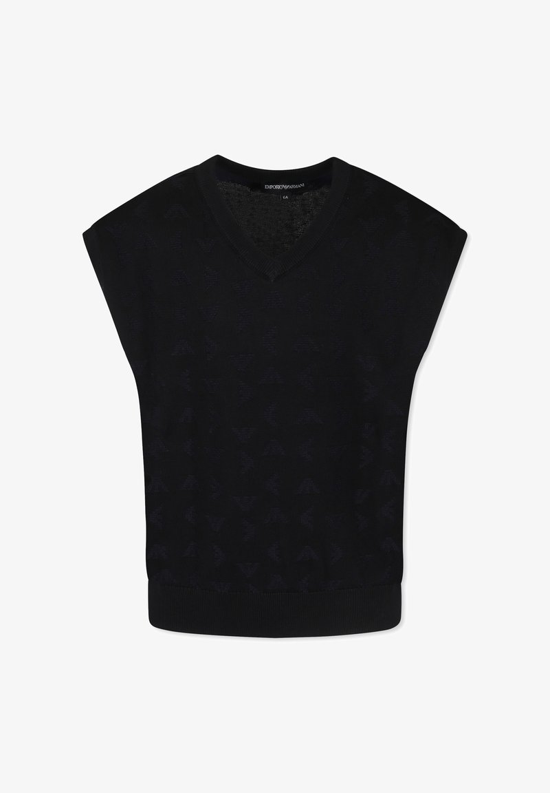 Zwarte gebreide top met een V-hals en korte mouwen, met een gestructureerd patroon, geribbelde zoom en een gladde stofafwerking.