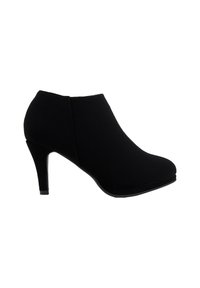 Bota de tobillo negra de tacón alto hecha de un tejido suave, con punta redonda y un tacón de aguja delgado. Diseño sin costuras y sin adornos.