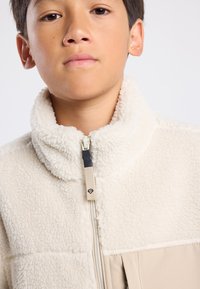 Beige fleece jacket with a high collar, featuring a textured, fluffy surface and a contrasting tan panel with a zip pocket.