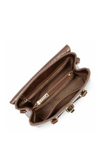 Borsa a tracolla in pelle effetto coccodrillo marrone con superficie texture. Caratterizzata da hardware dorato, una tasca interna con zip e due scomparti aperti.