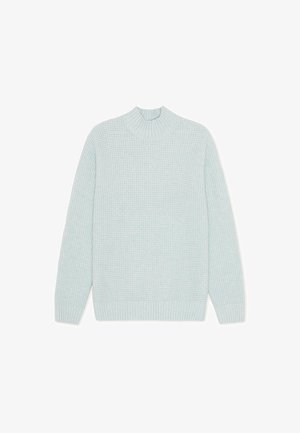 Helles Blau, gestrickter Pullover mit hochgeschlossenem Kragen, gerippten Bündchen und Saum. Verfügt über ein strukturiertes Muster und eine lockere Passform.