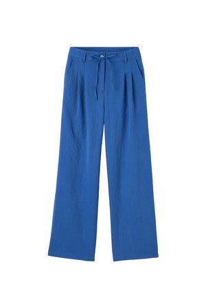 Pantalon bleu à jambes larges avec plis devant, poches latérales, passants pour ceinture, fermeture par boutons et ceinture en tissu nouée à la taille.
