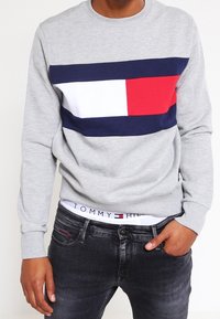 Felpa grigia con un design a blocchi orizzontali in blu navy, bianco e rosso. Collo e polsini a coste. Indossata con jeans scuri.