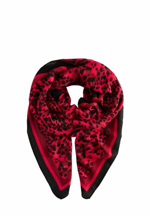 Roter Schal mit einem Design in schwarzem Leopardenmuster, umrandet von festen schwarzen und roten Streifen. Hergestellt aus weichem, leichtem Stoff.