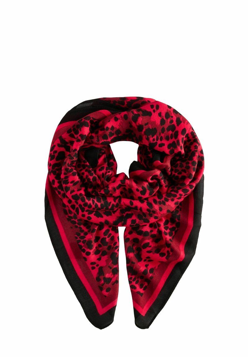 Red scarf featuring a black leopard print design, bordered with solid black and red stripes. Made from soft, lightweight fabric.