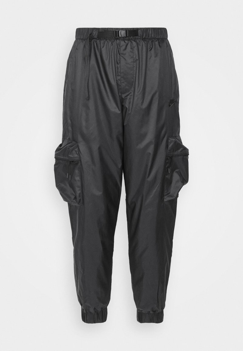 Schwarze Nylon-Cargohosen mit elastischem Bund, verstellbarem Kordelzug und Reißverschlusstaschen an den Seiten und Oberschenkeln, mit elastischen Bündchen.