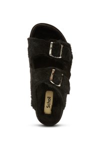 Svart fluffig sandal med två justerbara silverfärgade spännen och en synlig "Scholl"-logotyp på sula.