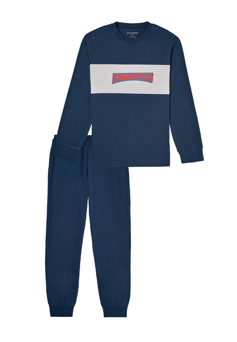 Navy cotton loungewear set featuring a long-sleeve shirt with a white and red "CONNECTED" graphic, and matching elastic waist pants.