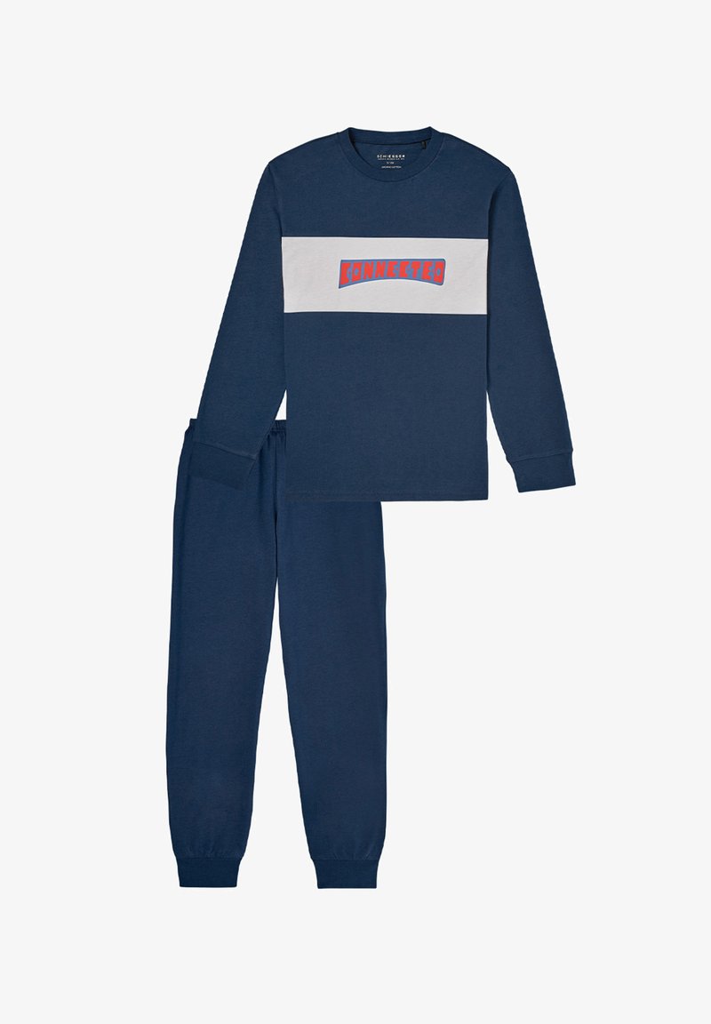 Navy cotton loungewear set featuring a long-sleeve shirt with a white and red "CONNECTED" graphic, and matching elastic waist pants.