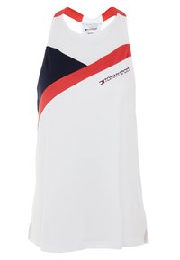 Camiseta atlética blanca sin mangas con un diseño de franjas diagonales rojas y marinas, detalles de malla y un logo en el lado izquierdo del pecho. Presenta un estilo de espalda nadadora.
