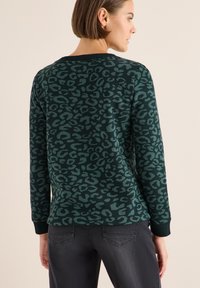 Felpa verde con una stampa a leopardo scura, scollo rotondo e maniche lunghe. Il tessuto sembra morbido, con polsini e orlo a costine.
