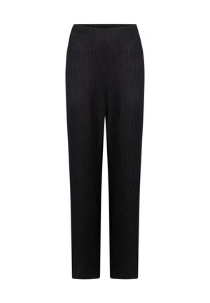 Zwarte geribbelde wijde broek met een elastische tailleband. Glad van textuur, rechte snit en zonder extra versieringen.