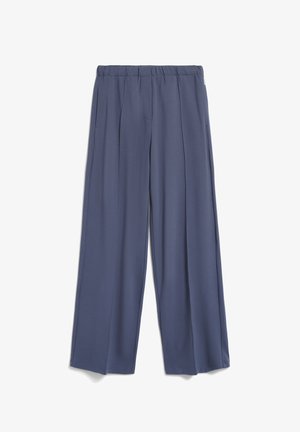 Pantaloni a gamba larga di un morbido blu tenue, realizzati in tessuto leggero. Presentano una vita elastica e pieghe frontali per un tocco di dettagli.