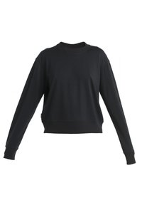 Sudadera negra de tela suave, con cuello redondo, mangas largas y dobladillo corto. Textura lisa con puños acanalados.