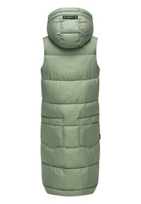 Pikk, paisutatud vest helesinises, millel on kapuuts, kaks suurt esikotti, tikandiga disain ja sile, läikiv kangas.