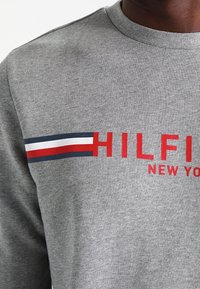Šedá mikina s červeným textem "HILFIGER" a modrými, bílými a červenými vodorovnými pruhy přes hrudník, nošena osobou s tmavou pletí.