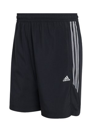 Crne sportske kratke hlače s elastičnom pasicom, s tri bijele vertikalne pruge sa strane i Adidas logom na donjem rubu.