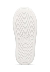 Suola di scarpa in gomma bianca con un motivo a tratti ondulati e un accento circolare al centro con il logo "N" in rilievo.