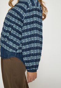 Niebieski i jasnoniebieski sweter w wzory, dzianinowy, z okrągłym dekoltem i długimi rękawami, noszony na koszuli dżinsowej i zestawiony z brązowymi spodniami.