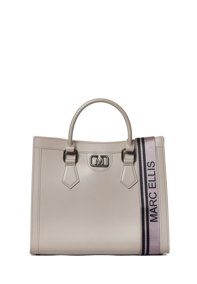 Beige leren totebag met twee bovenhandvaten, een logodetail en een zijband met de tekst "MARC ELLIS" in zwart en grijze strepen.