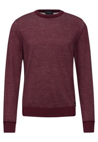 Bordový pletený svetr s kulatým výstřihem, dlouhými rukávy a ribbed manžetami. Hladká textura s jemnými variacemi v barvě a detailním stehem.