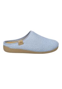 Jasnoniebieska klapka z frotté z jasnobrązową podeszwą i małą jasnobrązową metką po boku, widziana od zewnętrznej strony.