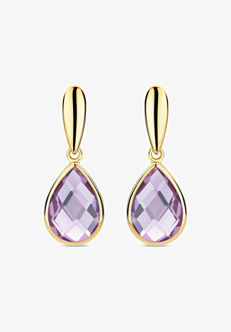 Auksinės spalvos pakabukai su dideliu, facetuotu, ašaros formos levandų akmeniu. Lygus, blizgus paviršius ir paprastas, elegantiškas dizainas.