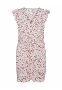 Mono con estampado floral en rosa claro, con mangas con volantes y un diseño envolvente, que cuenta con un lazo ajustable en la cintura para un mejor ajuste.