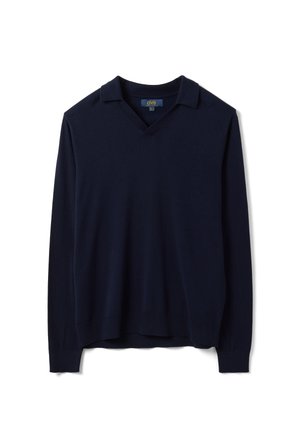 Marineblauer Pullover mit langen Ärmeln, Kragen und V-Ausschnitt, auf weißem Hintergrund dargestellt.
