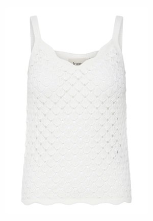 White sleeveless lace top with scalloped edges and a subtle floral pattern on the fabric.