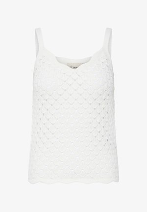 Valge varrukateta pitsist top laineliste servade ja õrna lillemustriga riidel.