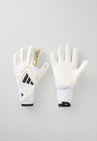 White goalkeeper gloves with a textured grip, black and gold accents, padded latex palm, and elastic cuffs for secure fit.